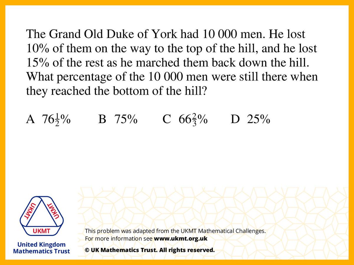 UKMathsTrust's tweet photo. The Junior Mathematical Challenge is coming up soon on 26th April. Get ready for it with this #UKMTProblem taken from a past JMC paper! https://t.co/qsl2DOXnMr
