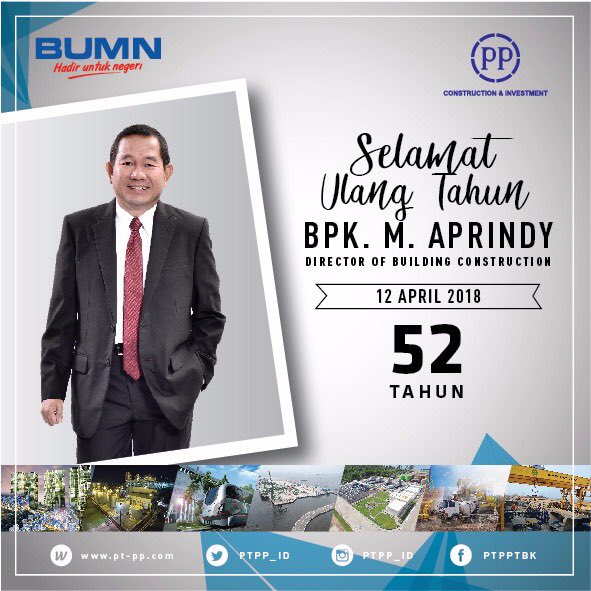 PTPP_ID's tweet photo. Keluarga besar PTPP menghaturkan Selamat Ulang Tahun Director of Building Construction PTPP, bapak M.Aprindy ke 52 Tahun (12/4/2018) πππ
Semoga diberikan panjang umur, kesehatan, kebahagiaan, dan sukses selalu...ππ
#GrowthForASEAN
#ASEANclassCompany
#PTPP https://t.co/V9WcdMhwfz