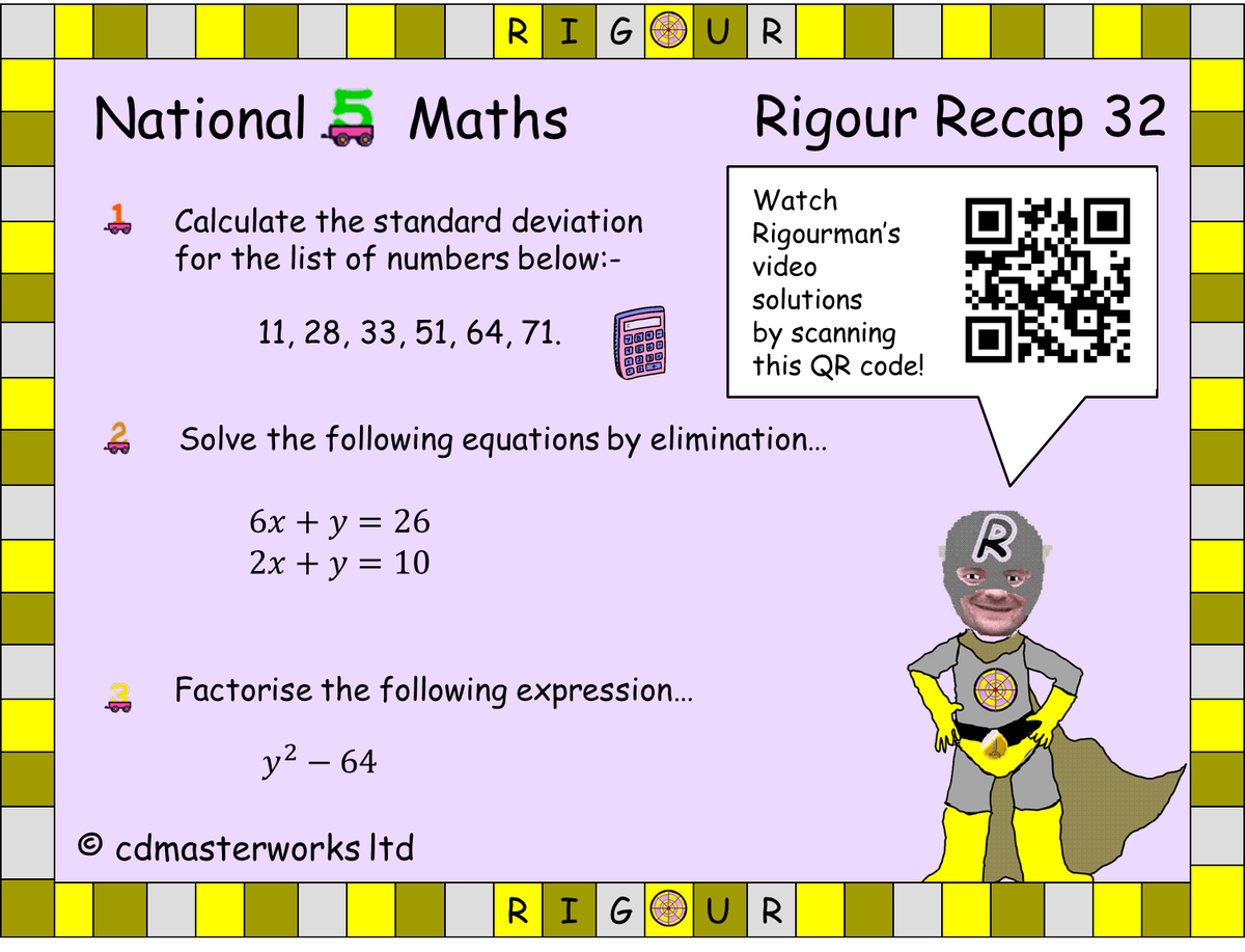 RigourMaths's tweet photo. Only 22 days til #Nat5Maths exam 2018! Try today's #RigourRecap 32. Practice makes progress! Scan the QR code to view full video solutions and use the Online Learning Portal to revise areas you struggled with; https://t.co/nIjitAcws5. If you don't have an account you can sign up. https://t.co/BfP4GWiq4l