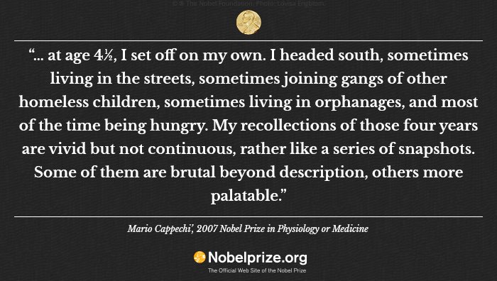 From homeless #StreetChild at the age of 4 to Nobel Laureate. Read Mario Capecchi’s full story at Nobelprize.org: goo.gl/WGdBuI #TweetForTheStreet