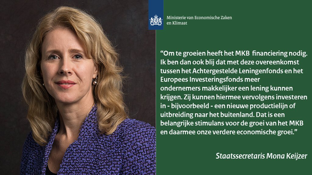 Staatssecretaris <a href="/MonaKeijzer/">Mona Keijzer</a> steunt namens EZK de garantieovereenkomst tussen het Achtergestelde Leningenfonds en Europees Investeringsfonds. 

Voor het MKB is toegang tot juiste #financiering van het grootste belang. Meer zekerheid voor investeerders in bedrijven helpt daarbij!