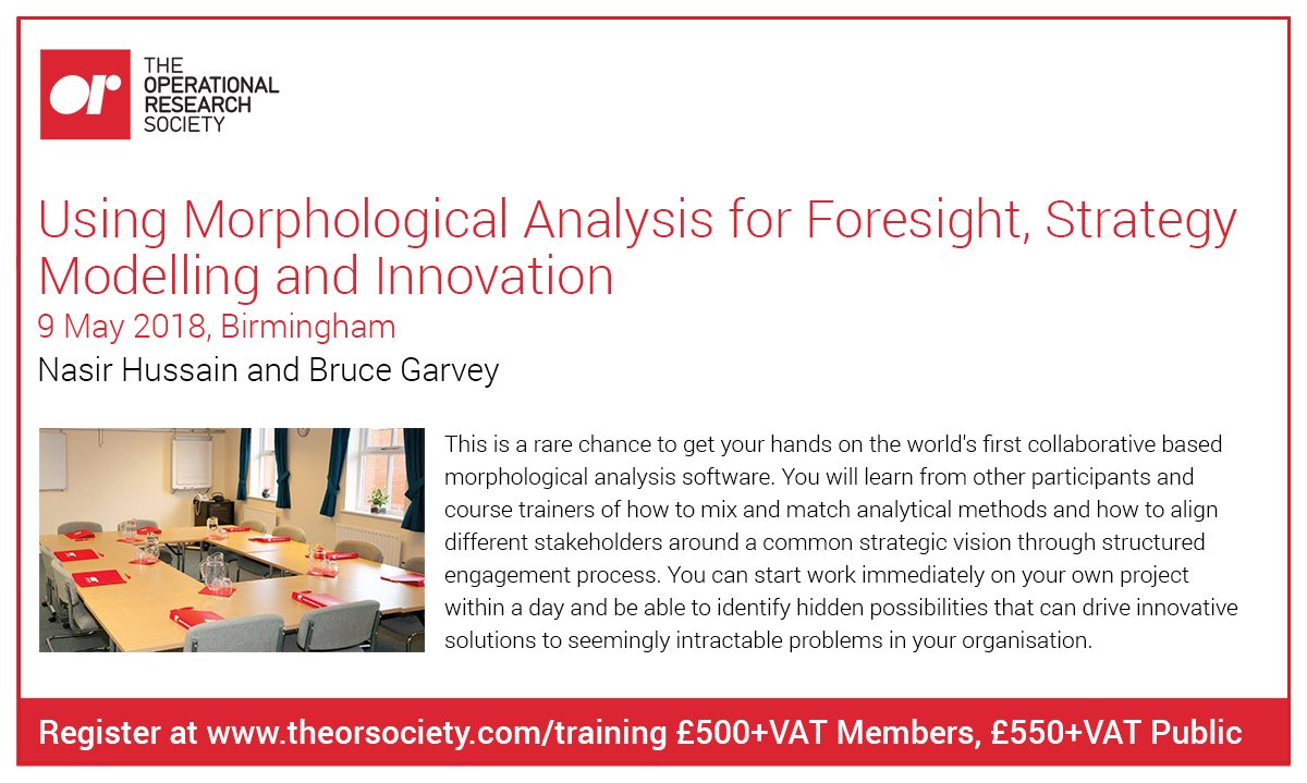 TheORSociety's tweet photo. #ORtraining course: Using Morphological Analysis for Foresight, Strategy Modelling and Innovation, 9 May in Birmingham. This is a rare chance to get your hands on the world's first collaborative based morphological analysis software! Book now https://t.co/Ja2qGtLg5w https://t.co/vpSVYP3kox