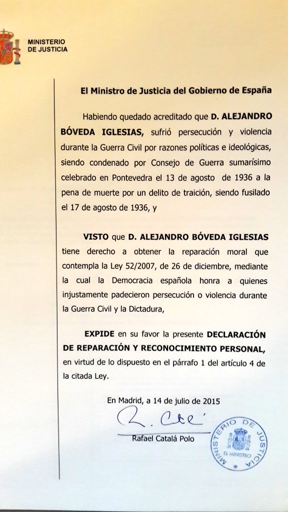 Como reza no documento asinado polo Ministro de Xustiza, Alexandro Bóveda sufriu persecución e violencia -e asasinato- en defensa da Democracia.

Por se algún Xefe do Executivo quere pasar, é o 17 de Agosto. O #DíaDaGalizaMártir.

En Poio, sen ter que ir a Buenos Aires.