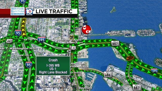 CRASH: I-395 WB at US-1 a right lane is blocked. #TRAFFIC #MIAMI https://t.co/7VqoOUVWgO