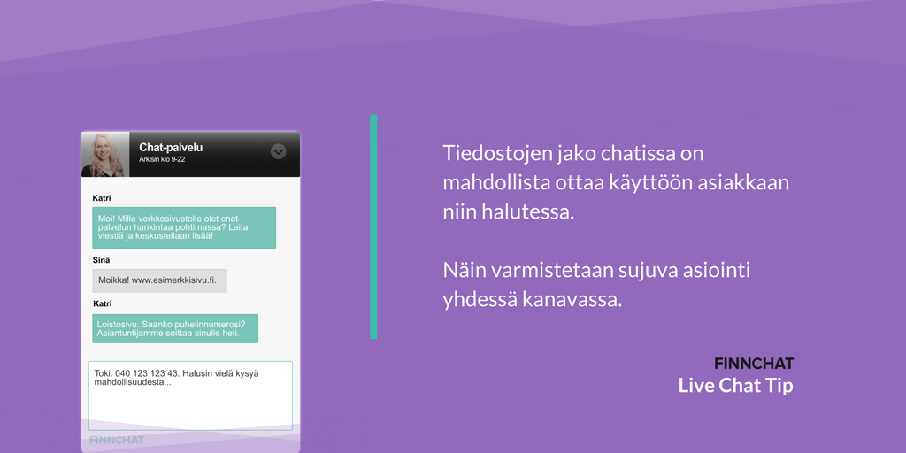 FinnchatFI's tweet photo. Chatissa tiedostojen jako tapahtuu helposti ilman kanavan vaihtoa. 📥 #Finnchat #LiveChatTip https://t.co/vT9AFB2L15