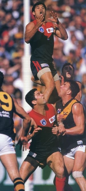 Has to be the great Jeff Farmer standing on Gary Lyons head bringing down this enormous mark #afl360