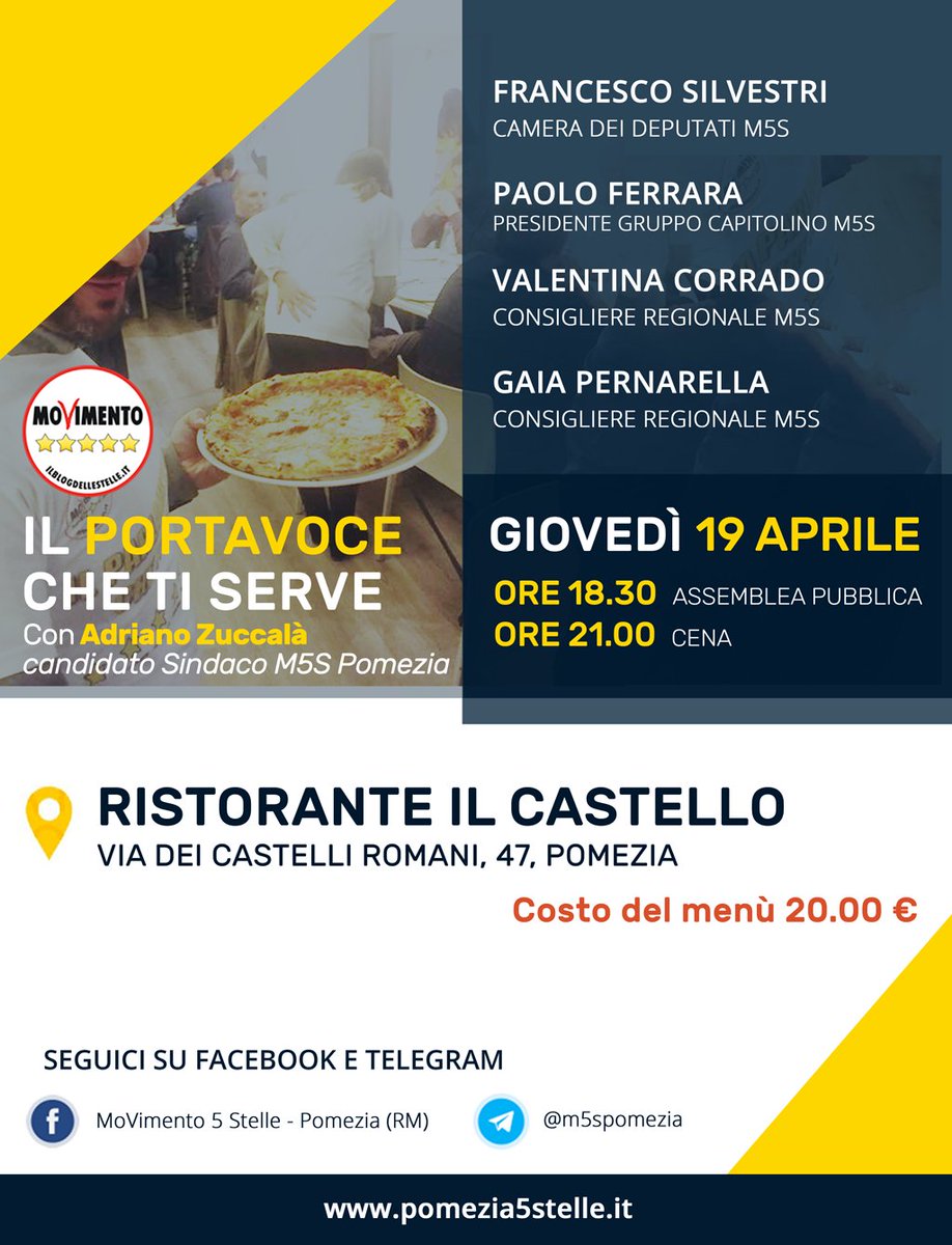 IL Portavoce che ti serve #19aprile ti aspettiamo per partecipare all'assemblea pubblica del M5S di Pomezia, con cena di autofinanziamento. Presenteremo i risultati di questi 5 anni ed i progetti per i prossimi 5 Partecipa all’evento -> bit.ly/2ILFspI