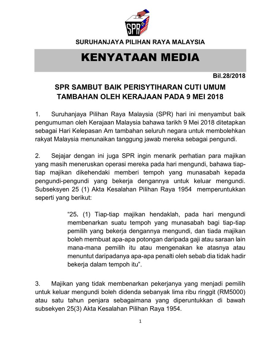 Myharare On Twitter Retweeted Pru14 Pru14spr Info Pru 14 Kenyataan Media Bil 28 2018 Spr Sambut Baik Perisytiharan Cuti Umum Tambahan Oleh Kerajaan Pada 9 Mei 2018 Infopru14 Jomkitasemak Jomkitaundi Andapenentumasadepannegara Https T Co