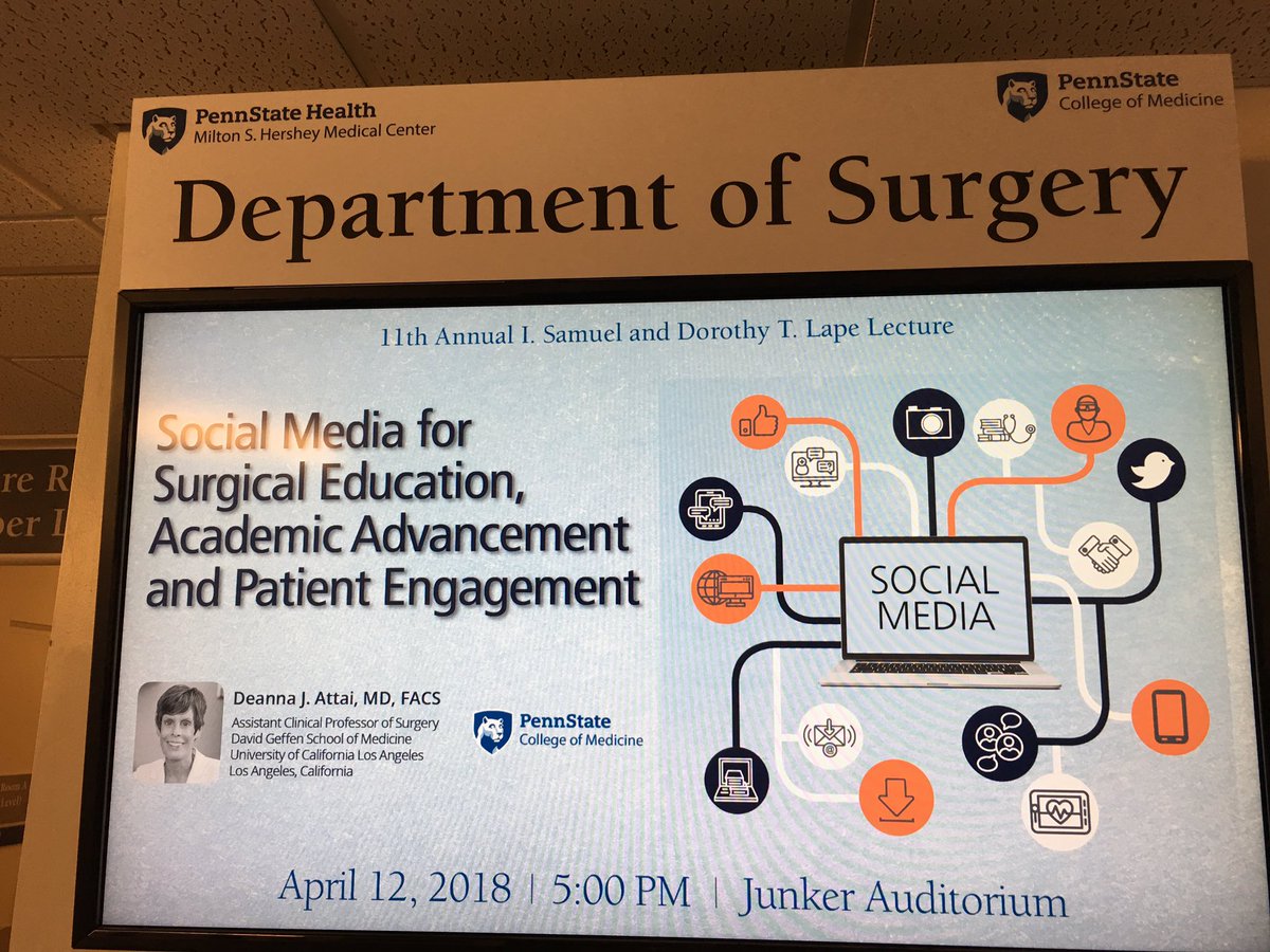 NirajGusani's tweet photo. Today we are delighted to host @DrAttai as our Visiting Professor at @PennStHershey @PennStateHealth - she will give Grand Rounds in the Cancer Institute &amp; @PSU_Surgery on all things #HCSM ! Follow along at #PennStateSoMe https://t.co/mEZWcFVQFM