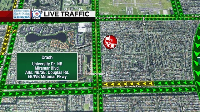 CRASH: NB University Dr. & Miramar Blvd. Two Lanes are blocked. Alts NB/SB: Douglas Rd. EB/WB Miramar Pkwy. #TRAFFIC https://t.co/W0p6gjPCTk