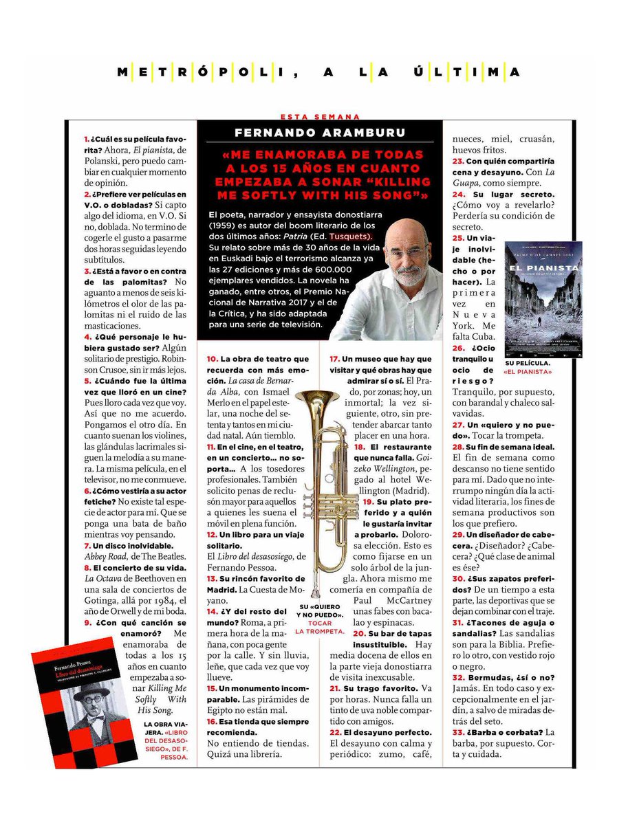 «—Un libro para un viaje solitario.
—El "Libro del desasosiego", de Fernando Pessoa», Fernando Aramburu en @LunaMetropoli.