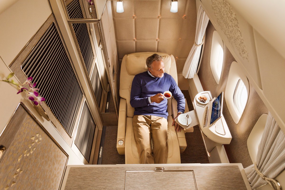 emirates's tweet photo. Emirates will introduce a new cabin interior on its @Airbus A380 fleet from 2020. The new A380s will feature the game-changing, world’s first fully enclosed private suites in First Class, along with revamped Shower Spas and the iconic A380 Onboard Lounge. https://t.co/n0V5GCUURy
