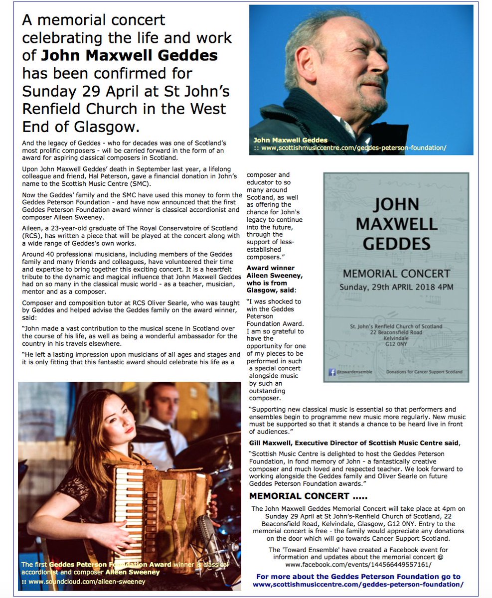 scottishmusic's tweet photo. NEW Award supporting Emerging Classical Composers in memory of John Maxwell Geddes > the Geddes Peterson Foundation 1st recipient= Aileen Sweeney 29 April memorial concert St John’s-Renfield Church (the family welcome donations @CancerSuppScot ) thanks⬇️ https://t.co/QkisXTvvvb https://t.co/Qe2RHcRj8s