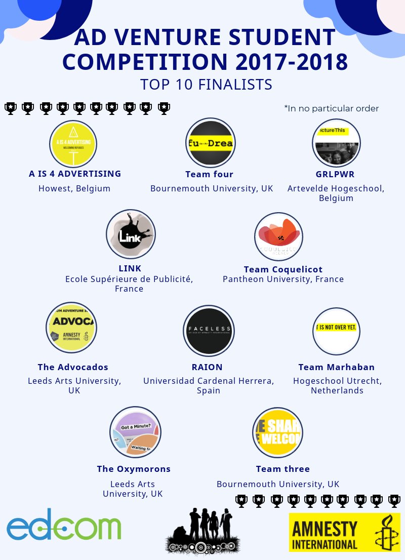 edcom_eu's tweet image. After a meticulous analysis, the jurors have decided! This are the ten teams that will go to the second round of judging. Congratulations!🎉
For more information about the campaigns please check: 
eaca-inspire.eu/students/ad-ve…

#Edu #Education #edcomAv #students #competition