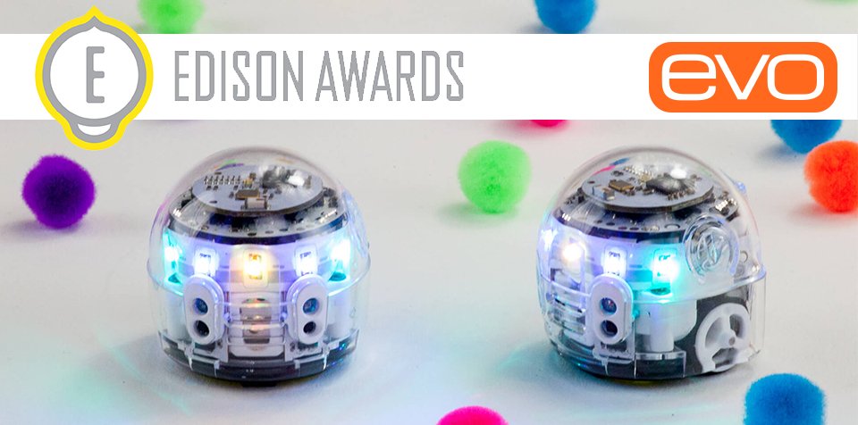 Ozobot's tweet image. Way to go Evo! Your favorite learning bot has won silver as a finalist in this year&apos;s @EdisonAwards for innovation in STEAM education, and it&apos;s all thanks to our brilliant communities of creative learners! #HackCreativity #EA18