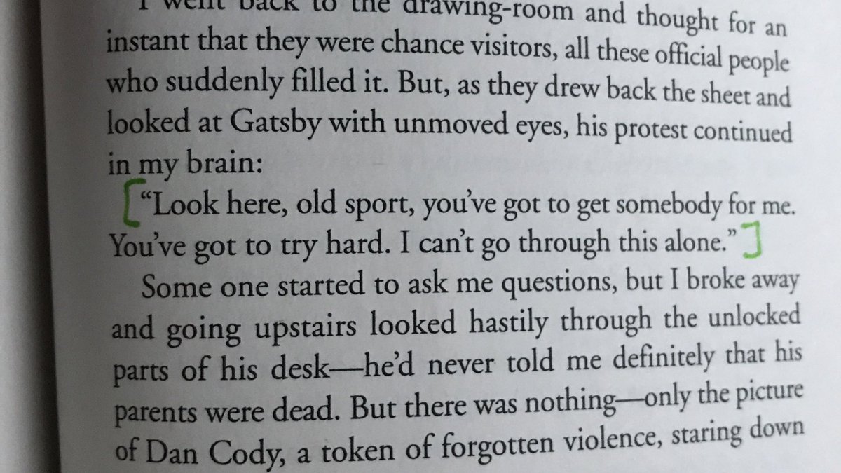 EllieP217K's tweet photo. The fact that Nick hears Gatsby’s voice in his head and is motivated/inspired by his words that he hears beyond the grave is a symbol for  how much Gatsby meant to Nick. #TGGSymbol #Ch9 https://t.co/9Q8b3H6WlC