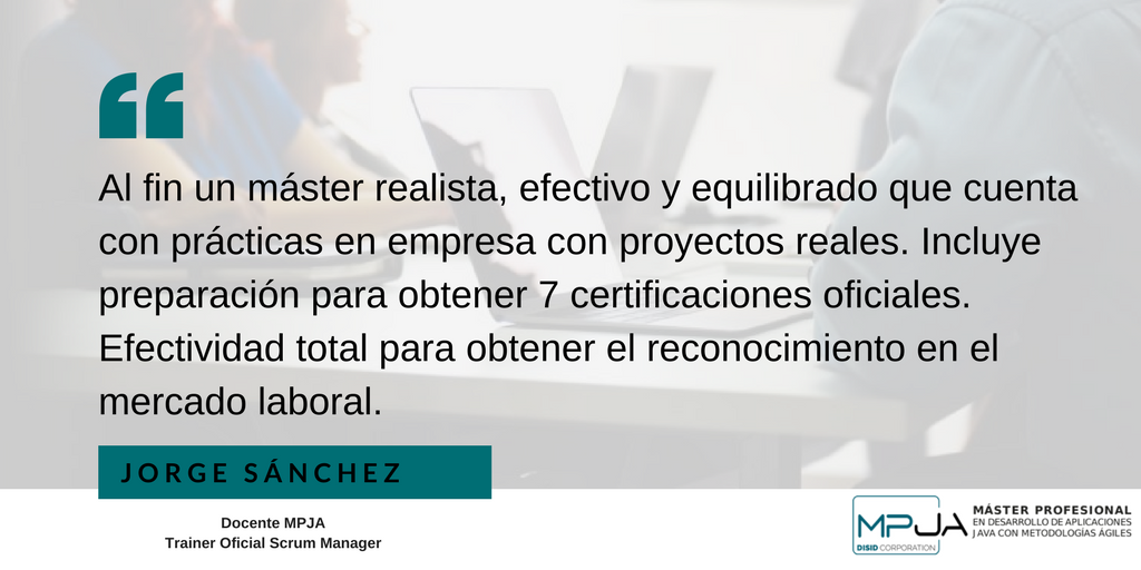 MasterJava_es's tweet photo. ¿Quieres saber por qué debes formar parte de esta nueva edición del @masterjava_es? Nuestro profe @JorgeSanLo te da alguna idea :) #Scrum #Java #MasterJava https://t.co/4dLMRgkTZJ