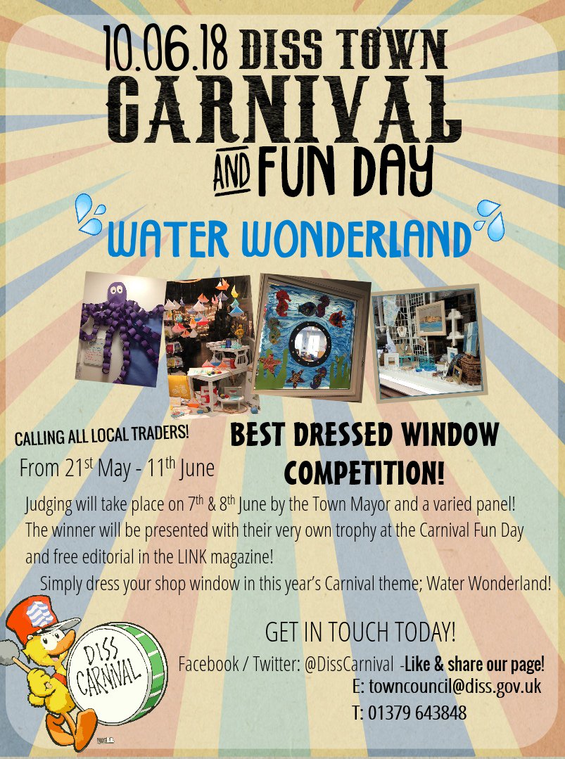 Not long to go until your local traders will be decorating their shop windows in this year's Carnival theme, Water Wonderland!! We're super excited! #DissCarnival2018