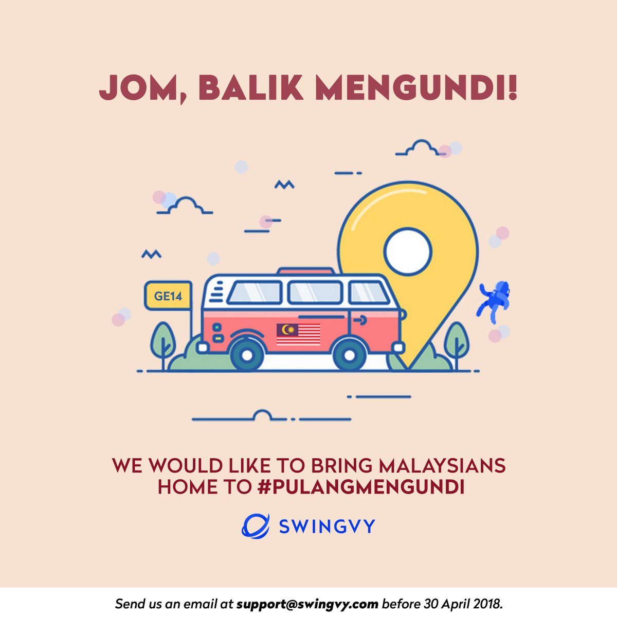 swingvyofficial's tweet photo. Our co-founder Tho Kit Hoong and friends have raised RM10,000 to bring you Malaysians home to vote on 9 May 2018. Send us an email at support@swingvy.com before 30 April 2018 with the subject title ‘Jom Balik Mengundi'. #pulangmengundi #ge14 #JomUndi #UndiRabu https://t.co/wrafaUKhpZ