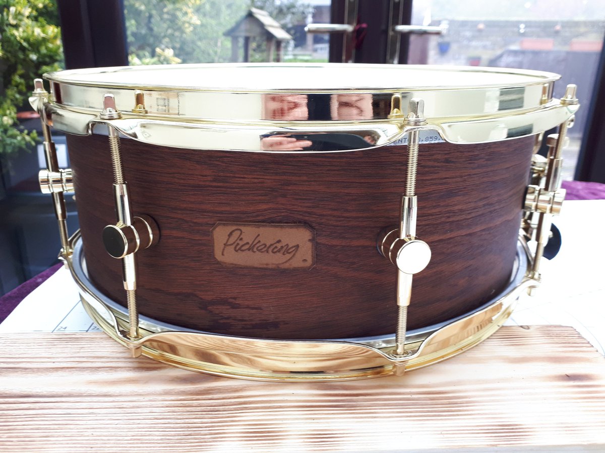 TheIanPickering's tweet photo. Latest snare drum. Built for one of my students. 14" x 5.5" mahogany shell with birch re-rings. Brass fittings really compliment the dark shell. There was lot of sanding, waxing and oiling. I'm very pleased with the finish. Original bare shell in pic 3.
#drum
#drumBuild https://t.co/6G1L4jXZ8h