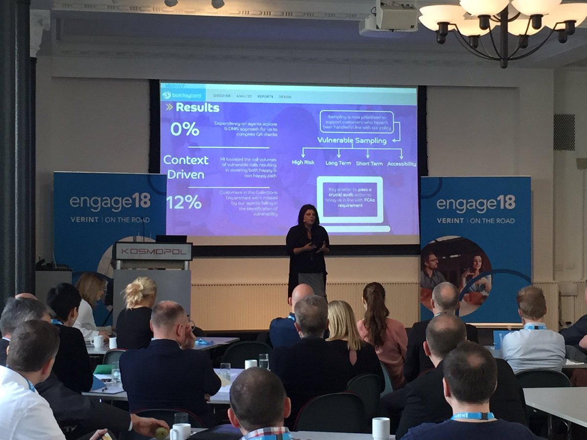 Verint customer Barclaycard is sharing at #engageOTR how they use Speech Analytics in a highly regulated environment, with great results!
