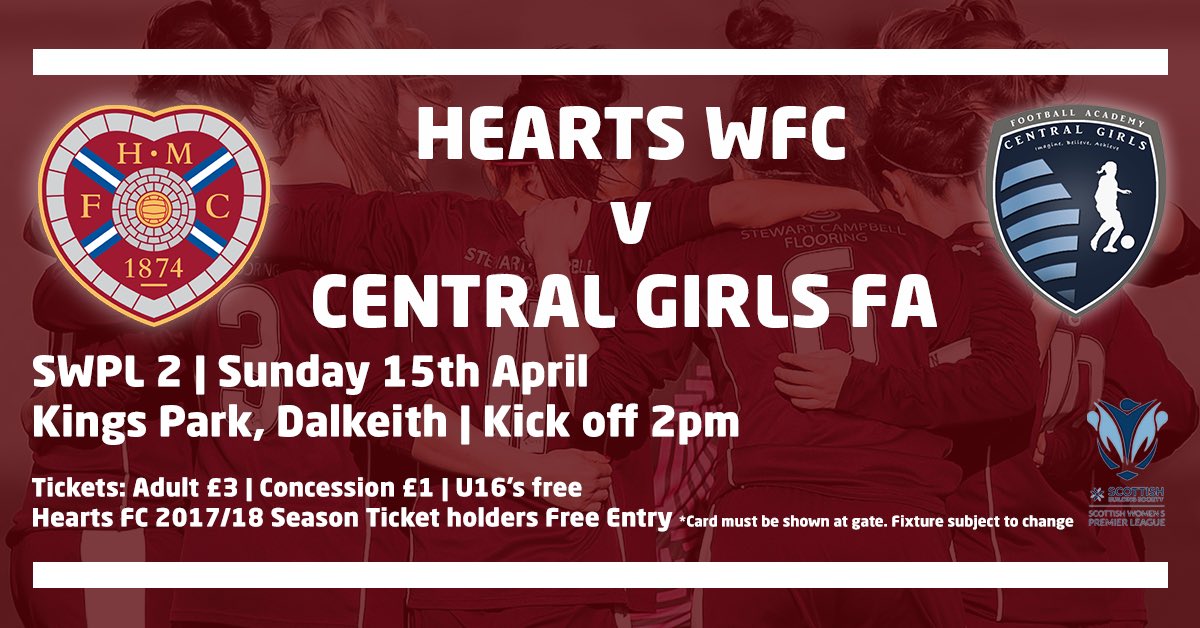 heartswomenfc's tweet photo. Our 1st Team return to @SWPL action this weekend as they face @CentralGirlsFA at Kings Park. @JamTarts supports get free entry with a 2017/18 Season Ticket. £3 for Adults, £1 Concession and Free for U16s. 

#HMWFC #HHGH ⚽️ https://t.co/R2aJYsDfvl