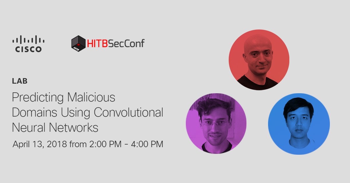 CiscoUmbrella's tweet photo. Members of our @OpenDNSLabs research team, @DhiaLite, @dvidrdgz &amp; Jingchuan, are leading a lab tomorrow at #HITB2018AMS on using #deeplearning to detect online threats at scale. More details: https://t.co/SPKEuR3hI6 // @hackinthebox @CiscoSecurity https://t.co/XBvsKT04mJ