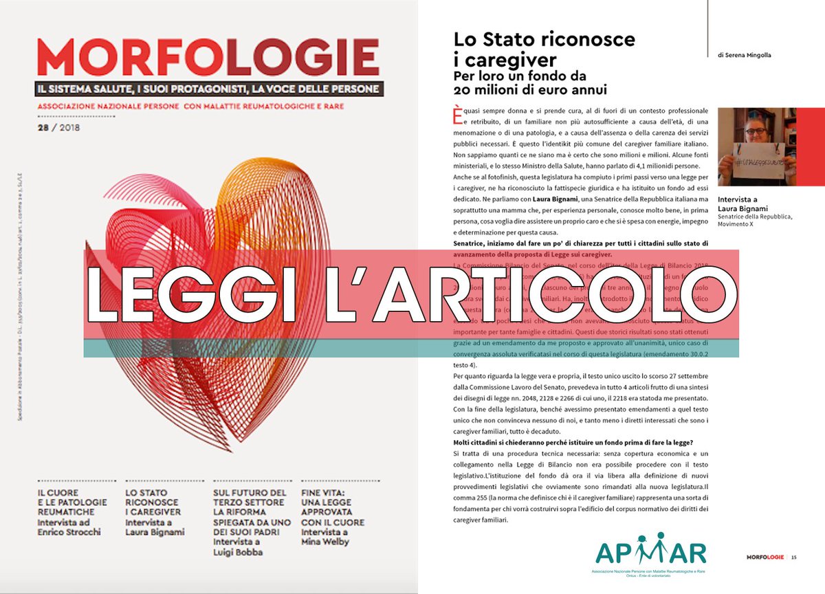 APMARR_ITALIA's tweet photo. Su Morfologie parliamo di #caregiver con la senatrice @LauraBignami1. Quali sono stati i risultati raggiunti e quali sono gli obiettivi cui mira la proposta di legge sui caregiver?
Leggi l’articolo qui: https://t.co/yBf1jU5P6e https://t.co/9B5hjOu2RP