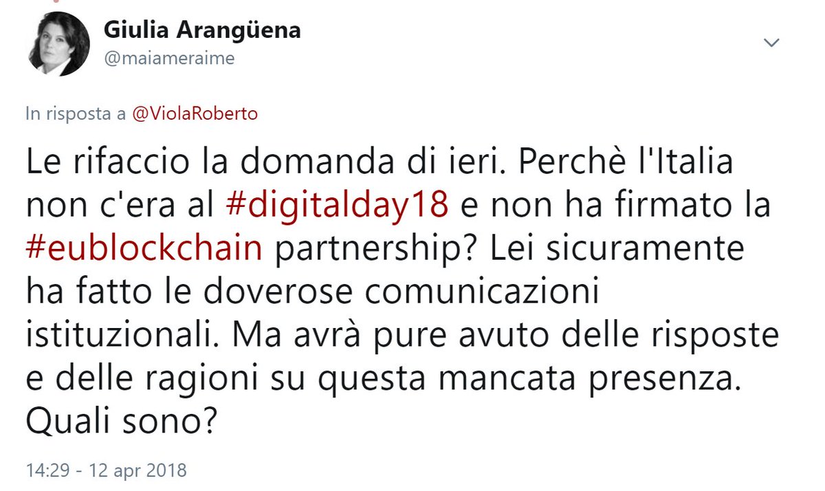 maiameraime's tweet image. #digitalday18 #eublockchain I redid the question to DG Connect @ViolaRoberto about the lack of presence of Italy and (our) failure to sign the collaboration protocol on #blockchain matters. As an Italian citizen and #fintech lawyer, I demand an answer! c.c. @CarloCalenda