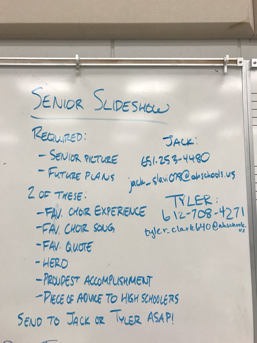 ConcertChoirAHS's tweet photo. Hey seniors! The end of the year is coming up so send your slideshow stuff into Tyler and Jack ASAP! https://t.co/NrdQsVvie7
