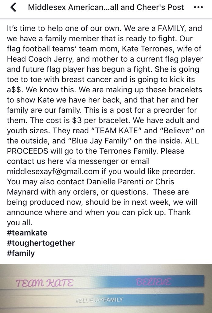 middlesexayf's tweet photo. Help us help one of our own. #katesarmy #believe #toughertogether #kickcancersa$$ let us know if you would like a bracelet. https://t.co/k7YEUTGwar