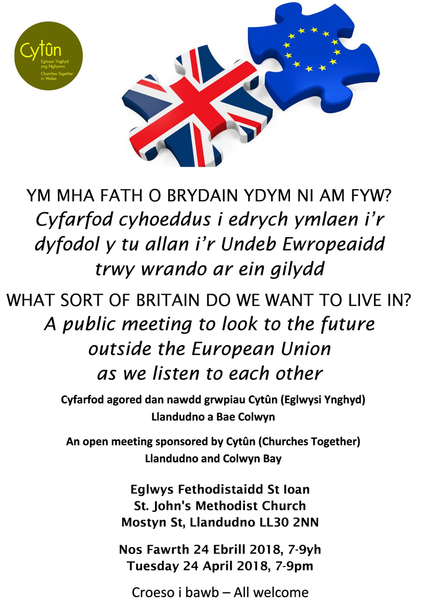 Pa fath o wlad wedi #Brexit? Cyfle i bobl y gogledd drafod a gwrando dan nawdd <a href="/CytunNew/">Cytûn</a> lleol yn #Llandudno Ebrill 24.
What kind of country post #Brexit? An opportunity for people in north Wales to discuss and listen organised by local <a href="/CytunNew/">Cytûn</a> in #Llandudno April 24.