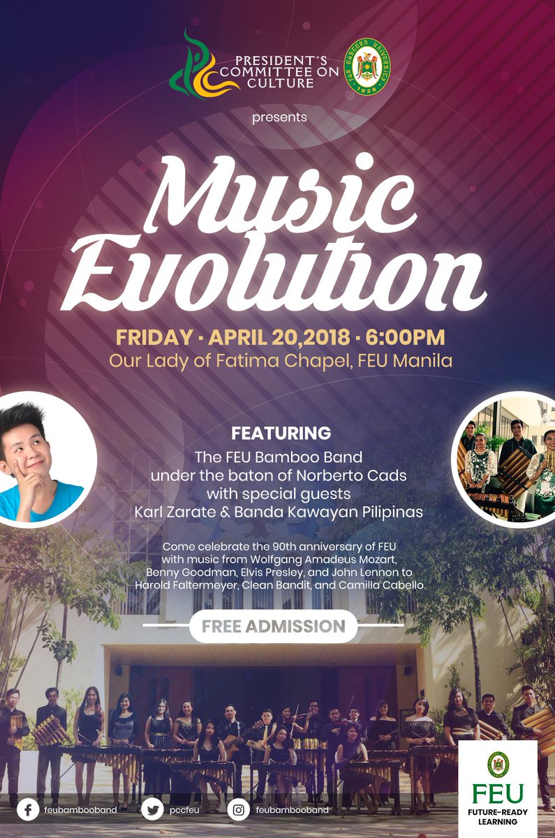 FEUBambooBand's tweet photo. FEU’S PRESIDENT’S COMMITTEE ON CULTURE PRESENTS THE FEU BAMBOO BAND IN “MUSIC EVOLUTION”

 FEU Bamboo Band in a concert entitled, “Music Evolution” on Friday, April 20 at 6:00 in the evening in  Our Lady of Fatima Chapel FEU Manila. 
 
See you at the concert! 💛💚 https://t.co/cnFF09Yzk5