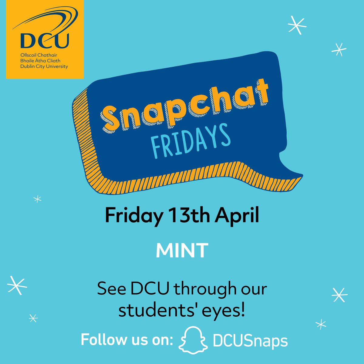 TeamDCU's tweet photo. Tune in to the @DublinCityUni snapchat tomorrow to hear all about studying Marketing, Innovation and Technology @BusinessDCU from our MINT students! @GrainneOLeary97 @Keywanbutterfly @GavinWithAnA #TeamDCU #DCUSNAPS https://t.co/e7e5U7yv14