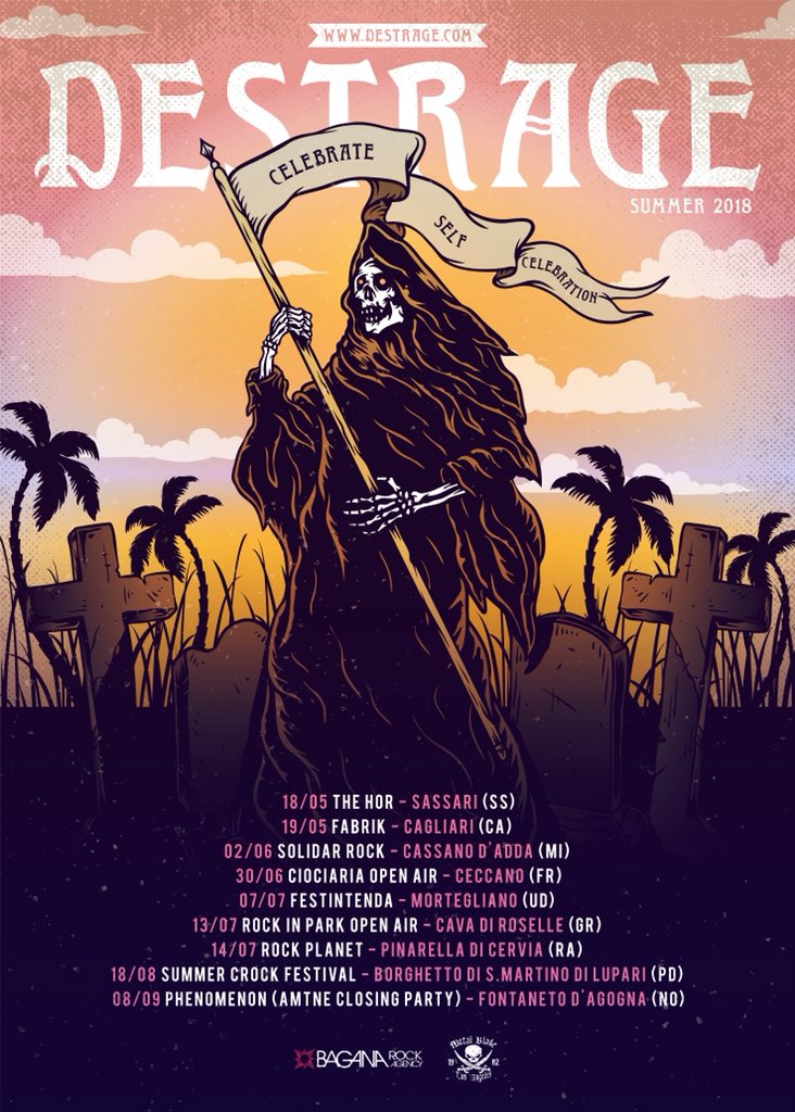 Quest'estate volano i femori in Italia. 🇮🇹️*CELEBRATE SELF CELEBRATION TOUR*🇮🇹

Poster design: <a href="/mirkowgastow/">Mirkow Gastow</a> 
Powered by: Bagana Rock Agency
<a href="/MetalBlade/">Metal Blade Records</a> 
#destrage #celebrateselfcelebration #summer #festivals #tour #italiantour #summerismagic #slander #despiteexile