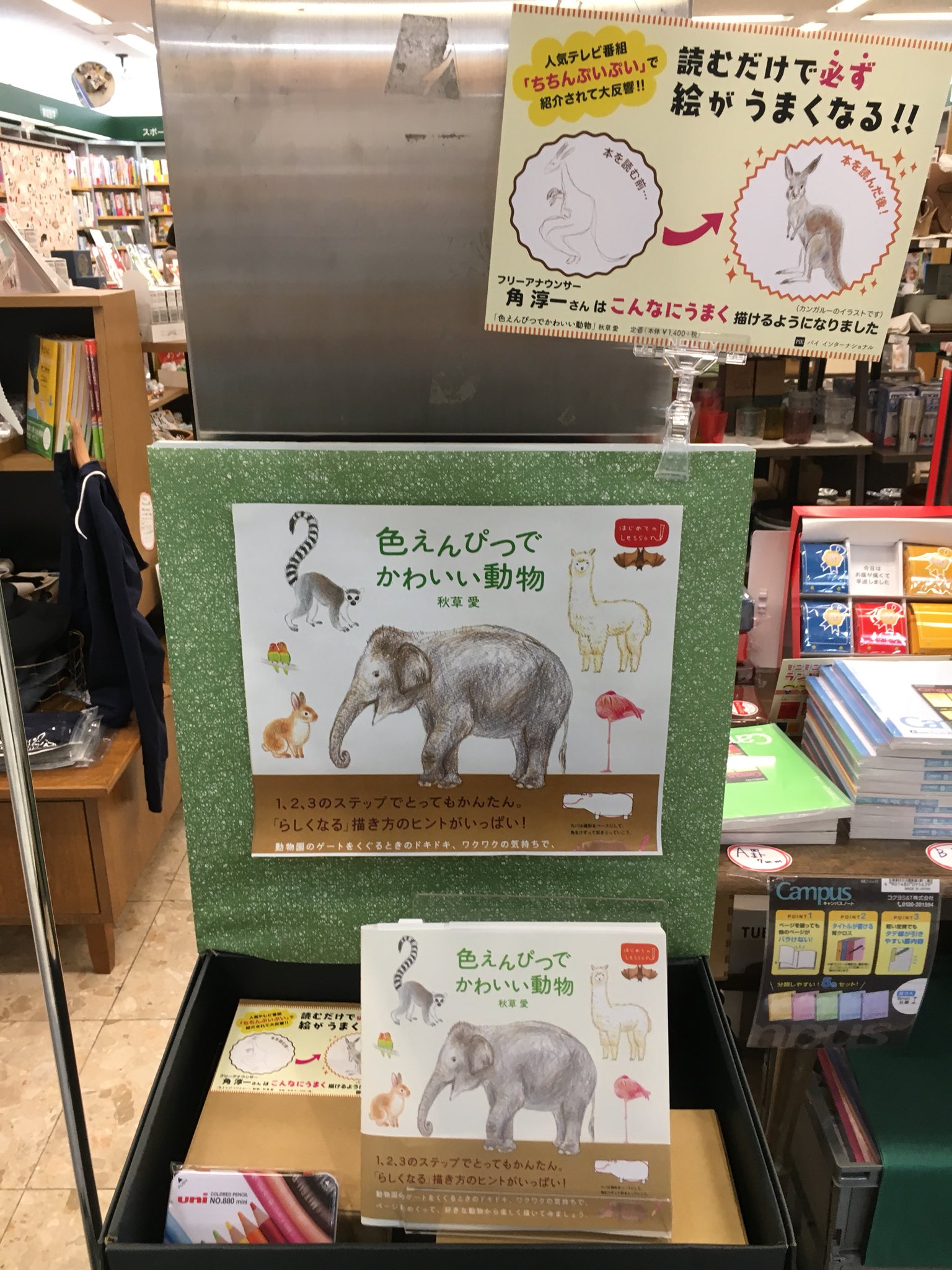 パイ インターナショナル じわじわ売れてる本 色えんぴつでかわいい動物 読むだけで絵が上手くなる魔法のお絵かき本です 写真は京都のふたば書房 御池ゼスト店です 目印は角淳一さんが描いたカンガルーのビフォーアフターポップです パイ インターナショナル じわじわ売れてる本 色えんぴつでかわいい動物 読むだけで絵が上手くなる魔法のお絵かき本です 写真は京都のふたば書房 御池ゼスト店です 目印は角淳一さんが描いたカンガルーのビフォーアフターポップです
