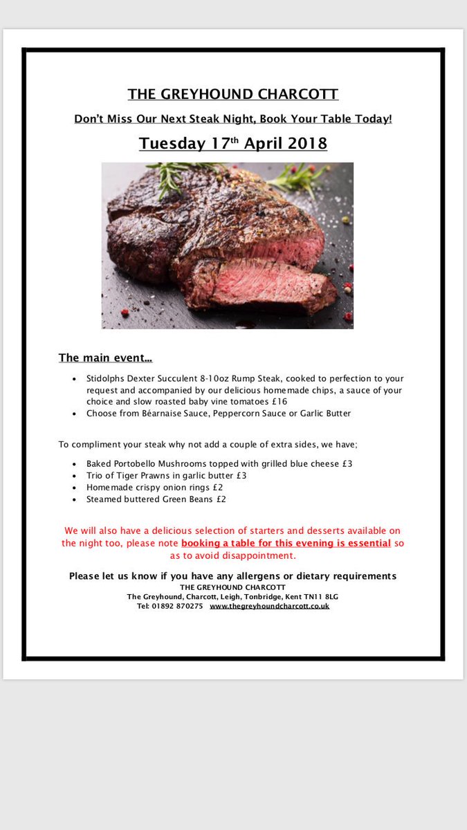 Don’t miss our next Steak Night! Tuesday 17th April Booking essential on 01892870275 to reserve your table today 🥩 🍷
