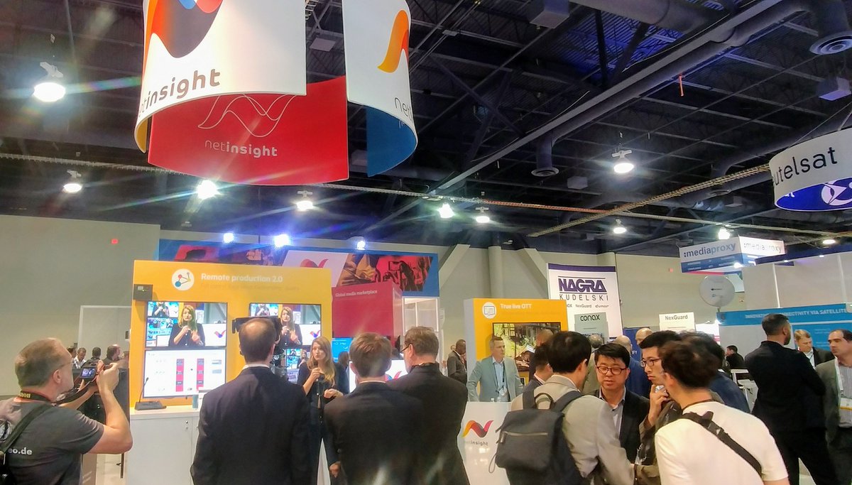 NetInsight's tweet photo. Last day @NABShow Still chance to win! Take a selfie with logos of Net Insight SU3821, @calrecaudio C7408 AND @GrassValleyLive SL106 with the tag #AtHomeNAB2018 and you'll be entered to win Amazon gift cards! #NABshow #NetInsightNAB2018 #RemoteProduction https://t.co/yN37ae6jek