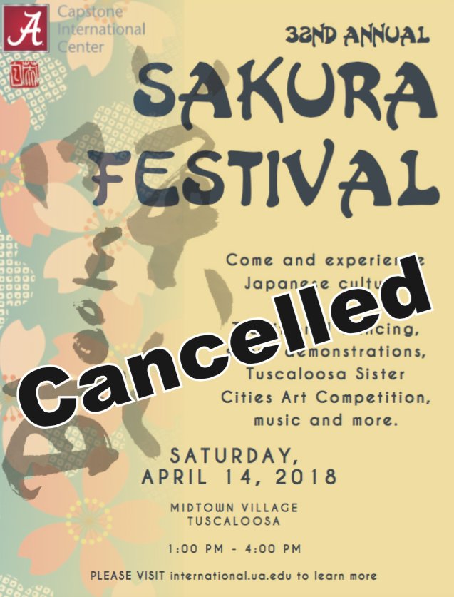 Crossroads_UA's tweet photo. Due to the threat of severe weather, the Sakura Festival, planned for Saturday, April 14 has been cancelled. https://t.co/ERQqlf81RD