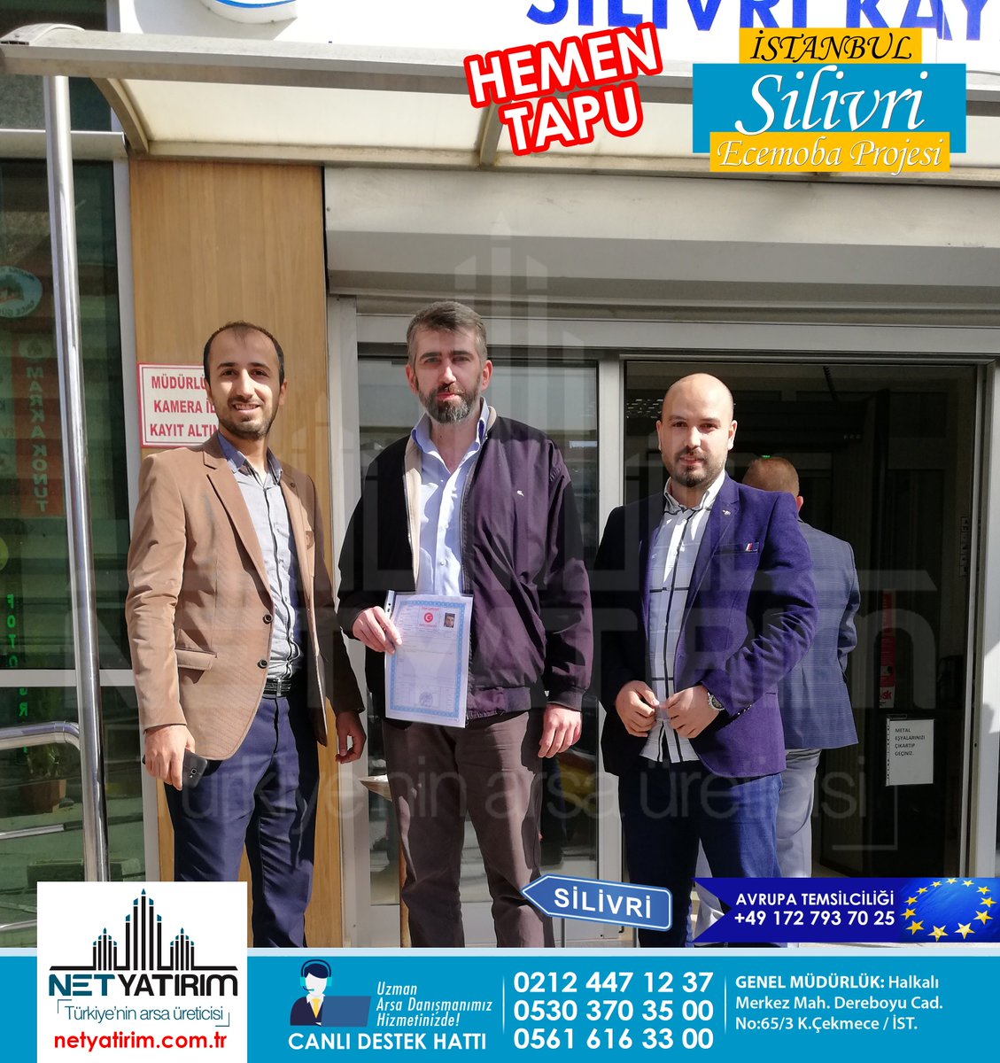 İSTANBUL SİLİVRİ ECEMOBA 40 PARSEL ARSA PROJESİNDE SATIŞLARIMIZ DEVAM EDİYOR. SON 13 PARSEL! Sn. Cihan TUNÇEL geleceğine yatırım yapmak için bizi tercih etti. Bizi tercih eden tüm müşterilerimize bereketli bol kazançlar diler, hayırlı olmasını dileriz.