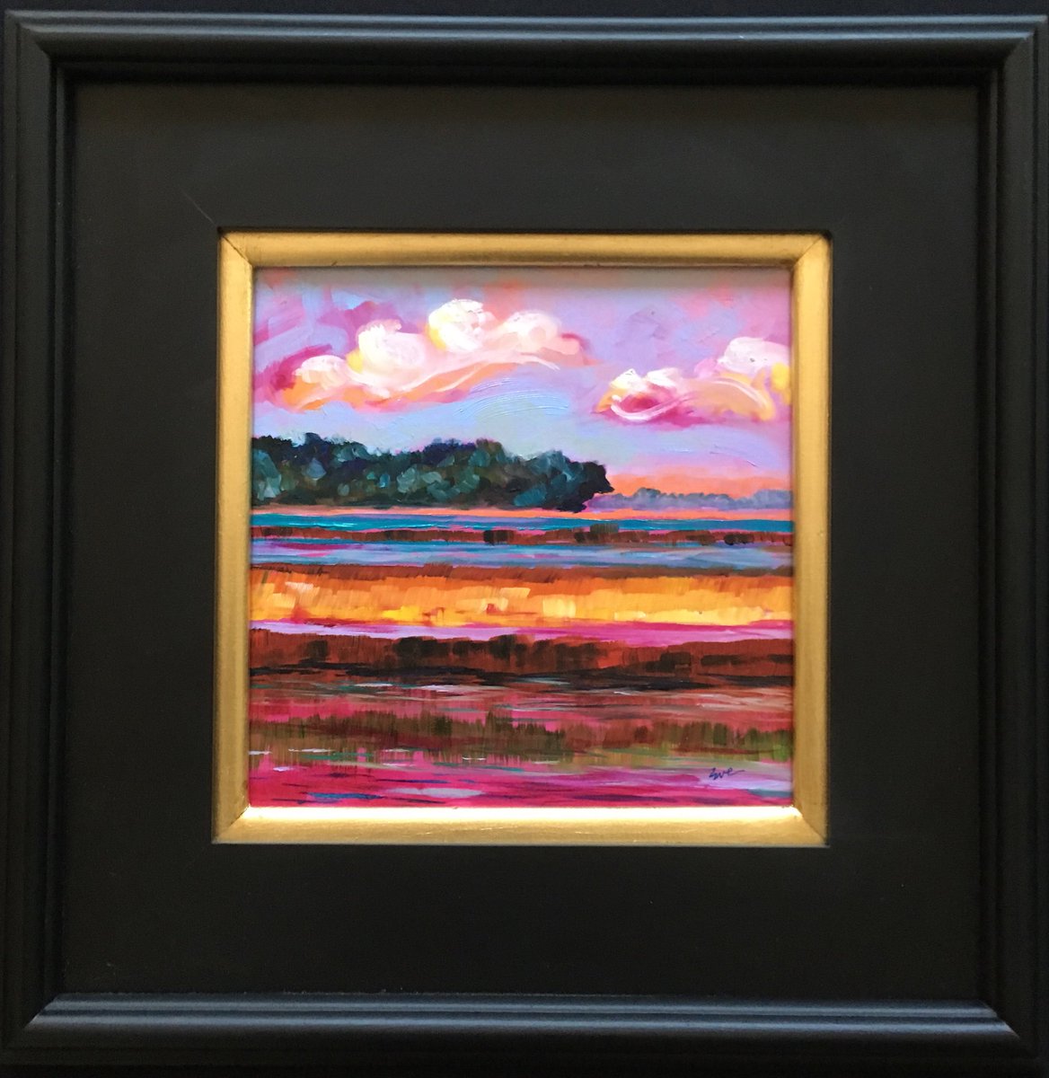 Sold / packaging this colorful framed 8x8 painting heading to Raleigh. The base coat was hot pink - a fun way to start Spring &amp; Summer scenes 🌞😎