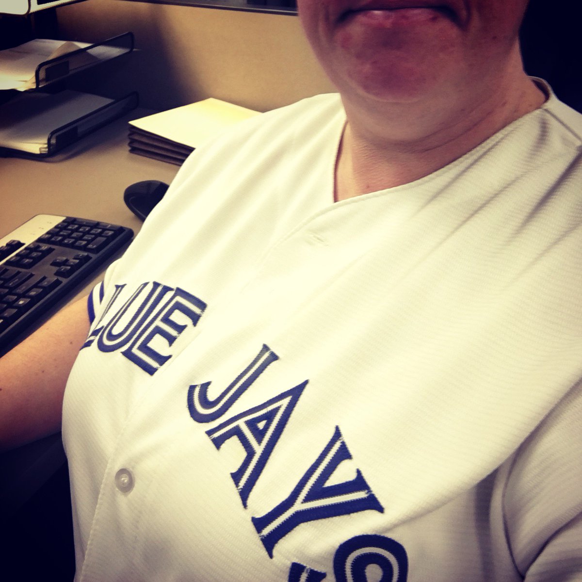In my <a href="/bluejays/">Toronto Blue Jays</a> jersey at work today. #humboldtbroncos #humboldtstrong #jerseysforhumboldt #jerseyday