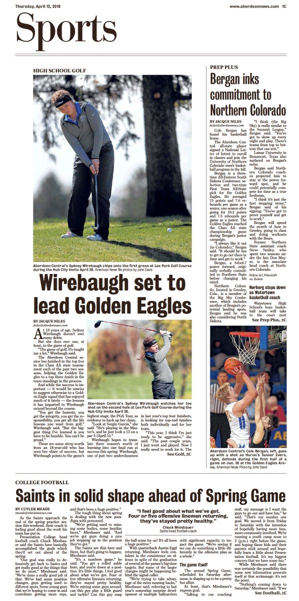 aberdeensports's tweet photo. Today's Sports #PageOne:
π Wirebaugh set to lead #AberdeenSD Central Golden Eagles
π #PrepPlus: Bergan inks commitment to @UNC_Colorado
π @PCSaintFootball in solid shape ahead of Spring Game
Find more sports headlines online at https://t.co/QFQ2BS45Vk
@APSE_sportmedia https://t.co/KFZQMZpIX5