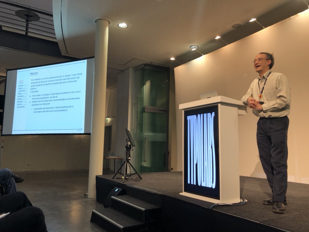 composerjk's tweet image. Hin-Tak Leung talking about his rewrite of FontVal font validator. Available here: github.com/HinTak/Font-Va…

@TYPO_Labs  #typolabs18 #fonttools #typedesign