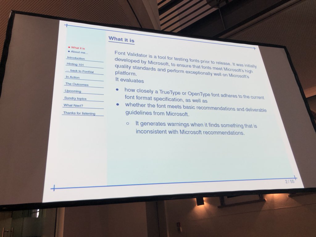 composerjk's tweet image. Hin-Tak Leung talking about his rewrite of FontVal font validator. Available here: github.com/HinTak/Font-Va…

@TYPO_Labs  #typolabs18 #fonttools #typedesign