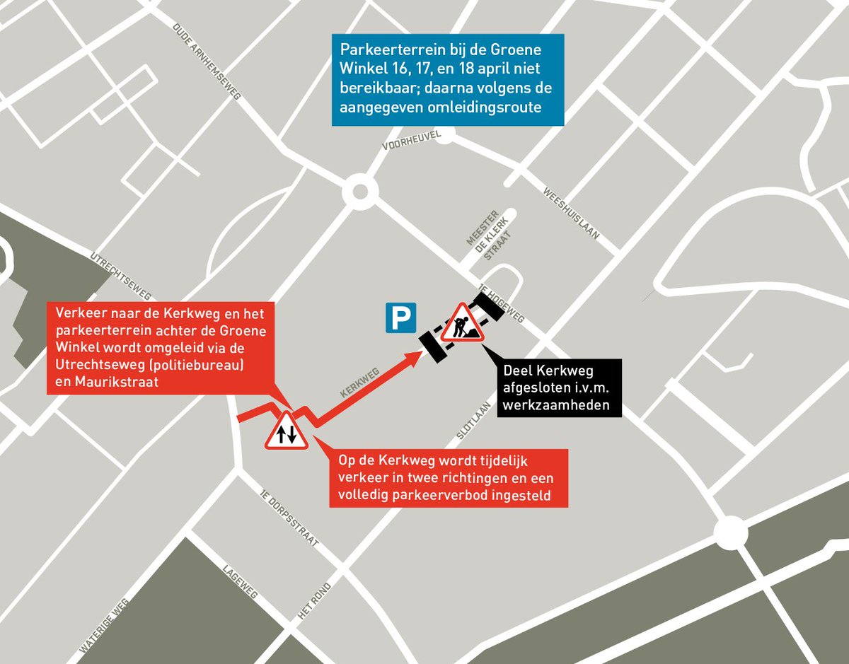Vanaf maandag 16 april werkt <a href="/BAMInfra_nl/">BAM Infra</a> aan de Kerkweg tot en met de ingang van het parkeerterrein achter de Groene Winkel. Het verkeer wordt omgeleid. Kijk voor meer informatie op bit.ly/2GR0a7f
