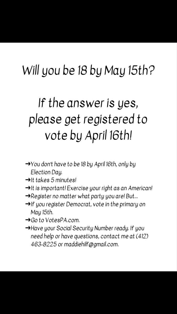 WHSAGV's tweet photo. If you are going to be 18 by May 15th, register to vote in the May 15th Primary! Contact us or @MaddieHilf for details...it takes less than five minutes! https://t.co/LVnLLAkr52