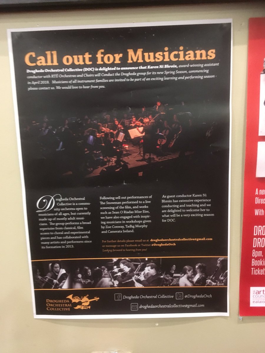 If you’re checking out the music books in Waterstones #Drogheda you may see @DroghedaOrch #CallForMusicians poster by Spudgun Design @StephenDulla