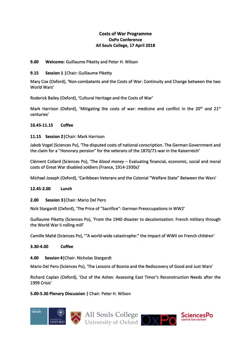 PostWarOx's tweet photo. Costs of War - Impact, Meaning and Perceptions
Register now for this great #OxPo conference organised by @OxfordHistory &amp; @ScPo_CHSP at All Souls College, Oxford, 17 April 2018:
https://t.co/QmwndBYARV https://t.co/z1vo7mD6DQ