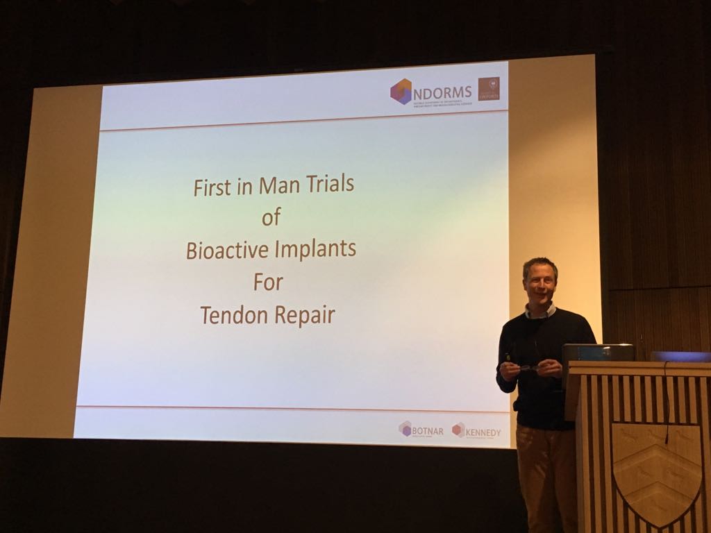 Tendon_UK's tweet photo. Final talk of the conference! Prof Andy Carr "who doesn't need any introduction" on first in man trials of bioactive implants #tendonuk https://t.co/zzrl5VrGLY